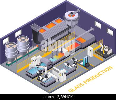 Glasherstellung isometrische Zusammensetzung von Text und Innenraumkulisse mit Produktionslinie automatisierten Förderer mit Manipulatoren Vektor-Illustration Stock Vektor