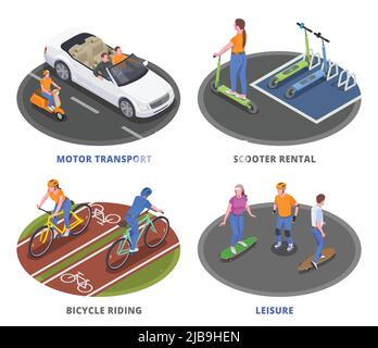 Persönlicher Transport 2x2 isometrisches Design-Konzept mit Menschen Reiten Fahrrad Roller Skateboard und Auto fahren 3D isolierte Vektor-Illustration Stock Vektor