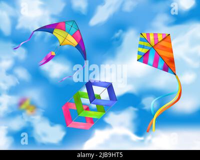 Drei farbige und realistische Drachenhimmel Komposition fliegen in der wolkigen Himmel Vektor-Illustration Stock Vektor