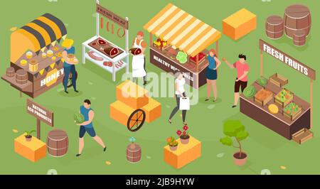 Bauernhof Markt isometrische Zusammensetzung mit Outdoor-Landschaft Menschen und Marktstände mit organischen selbst-made Produkte Vektor-Illustration Stock Vektor