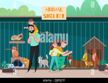 Tierheim Familienzusammensetzung mit Outdoor-Landschaft Zeichen von Kindern und Eltern vor Käfig Vektor-Illustration Stock Vektor