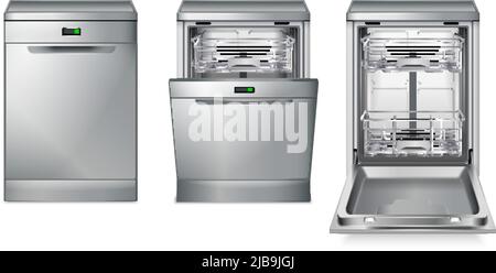 Graues realistisches Set für Geschirrspüler mit drei isolierten Bildern mit verschiedenen Ansichten der Vektorgrafik für Geschirrspüler Stock Vektor