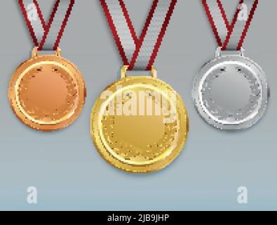 Medaille realistische Set mit Bildern von goldenen Silber-und Bronzemedaillen für die Sieger des Wettbewerbs mit Bändern Vektor-Illustration Stock Vektor