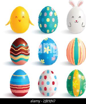 Set aus neun ostereiern realistische Bilder mit dekorativen Linien und verschiedenen Farbmustern mit Schatten Vektor-Illustration Stock Vektor