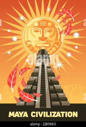 Maya Zivilisation vertikale Poster mit kukulkan alten Pyramide auf beigem Hintergrund mit stilisierten maya-Sonne Symbol Cartoon-Vektor-Illustration Stock Vektor