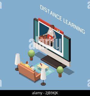 Distanz lernen isometrisches Design Konzept mit Mann auf Couch sitzen und Lektor auf Computer-Bildschirm Vektor-Illustration Stock Vektor