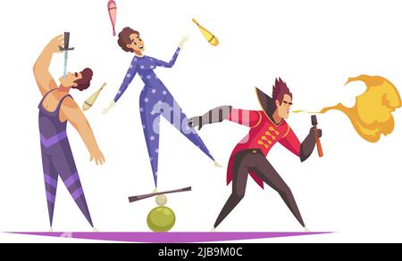 Cartoon-Komposition mit darstellenden Zirkus Künstler auf weißem Hintergrund Vektor-Illustration Stock Vektor