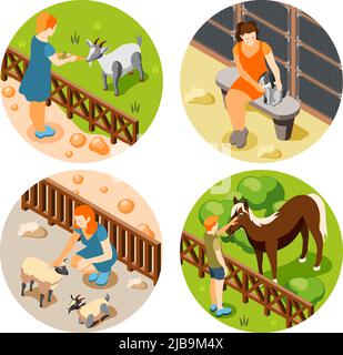 Isometrisches Symbol für Zoo mit vier Kontakten und Vektordarstellung „Menschen füttern und berühren Tiere“ Stock Vektor