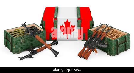 Waffen, militärische Versorgung in Kanada, Konzept. 3D Darstellung isoliert auf weißem Hintergrund Stockfoto