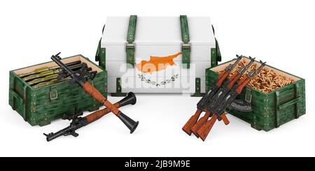 Waffen, Militärlieferungen in Zypern, Konzept. 3D Darstellung isoliert auf weißem Hintergrund Stockfoto