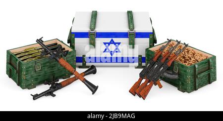 Waffen, militärische Versorgung in Israel, Konzept. 3D Darstellung isoliert auf weißem Hintergrund Stockfoto