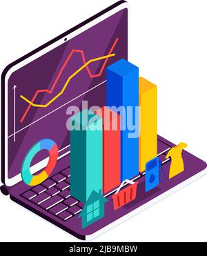 Isometrische Online-Mobile-Bank-Zusammensetzung mit Symbolen von Laptop-Infografik-Bars und Währungskarten Vektor-Illustration Stock Vektor