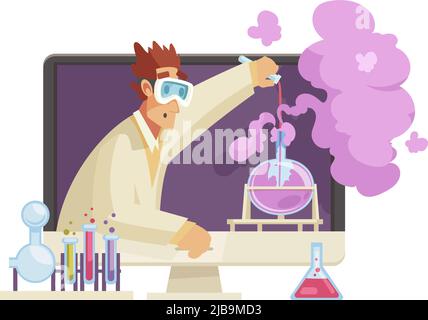 Männliche Blogger Durchführung wissenschaftlicher Experimente mit Chemikalien in seiner Video-Cartoon-Vektor-Illustration Stock Vektor