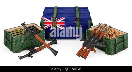 Waffen, militärische Versorgung in Neuseeland, Konzept. 3D Darstellung isoliert auf weißem Hintergrund Stockfoto