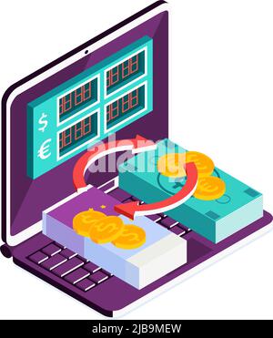 Isometrische Online-Mobile-Bank Zusammensetzung mit Symbolen der Laptop-Austausch und Zahlungsmethoden Vektor-Illustration Stock Vektor