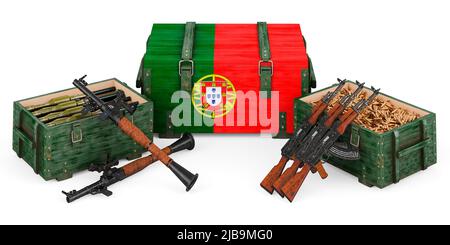 Waffen, militärische Versorgung in Portugal, Konzept. 3D Darstellung isoliert auf weißem Hintergrund Stockfoto