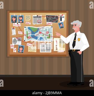 Detective Board Polizist Komposition mit Doodle Stil menschlichen Charakter des Ermittlungsbeamten Blick auf Untersuchung Materialien Vektor illustrative Stock Vektor