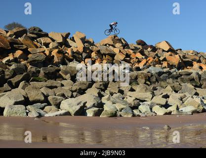 Ein akrobatischer Radfahrer, der Stunts auf mehrfarbigen Felsenpanzern auf der Meeresabwehr ausführt, vom Strand unten bei Ebbe gesehen. Stockfoto