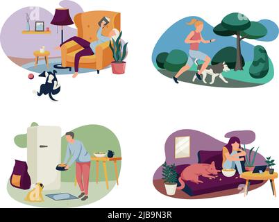 Menschen mit Hunden flach 4x1 Satz von Kompositionen mit Haustieren Meister in Innen-und Außenumgebungen Vektor-Illustration Stock Vektor