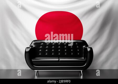 Schwarzes Ledersofa mit der Nationalflagge Japans im Hintergrund. 3D Abbildung Stockfoto