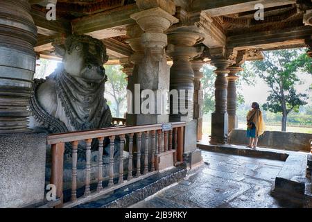 20. Dezember 2021, größte monolithische Nandi-Statue im Hoysaleswara-Tempel, herrlicher Nandi (Lord Shivas Stier) Mandap, Belur und Halebidu. Gestartet 11 Stockfoto