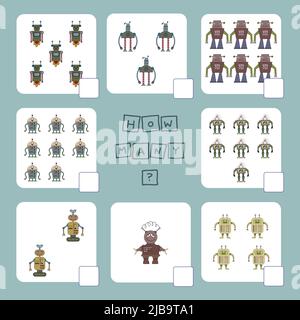 Wie viele Zählspiel mit Robotern. Arbeitsblatt für Kinder im Vorschulalter, Aktivitätsblatt für Kinder, druckbares Arbeitsblatt Stockfoto