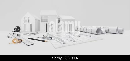 Architekturmodell von Häusern auf dem Schreibtisch mit zeichnerischen technischen Werkzeugen und Blaupausen, isoliert auf weißem Hintergrund, für den Bauplan, Stockfoto