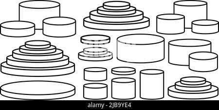 Podium geometrisches Modell Display Linie gesetzt. Runde Kontur Doodle Zylinder Sockel Sammlung. 3D Plattform Produktpräsentation Stand. Abstrakte Vektorform für Produkte zeigt Präsentationshintergrund. Stock Vektor