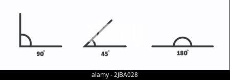 Symbole für Winkellinien festgelegt. 45, 90, 180, Gradmessung. Mathematisches geometrisches Designelement. Technischer Architekt leer. Trigonometrie-Vorlagen. Dreieckschild Stock Vektor