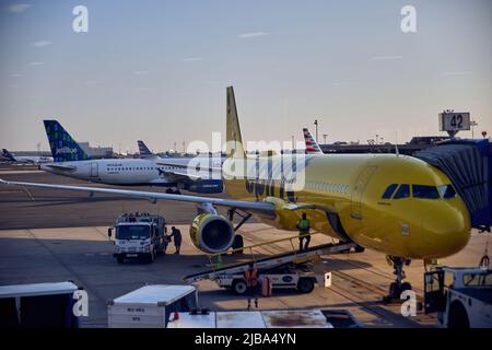 Newark Liberty International Airport, ursprünglich Newark Metropolitan Airport am Memorial Day. Manche Flüge werden verspätet durchgeführt. Spirit Airlines, Aras Stockfoto