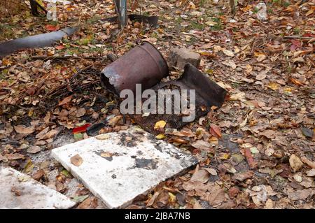 Rostig Eisen unter den herbstlichen Blättern Stockfoto