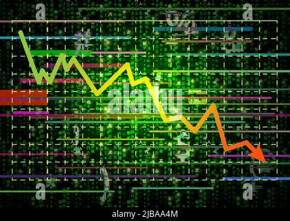 Glitch grüne Matrix-Symbole mit Rückgang Trade Graph Stock Vektor