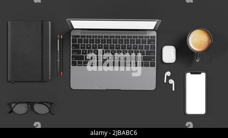 Büroarbeitsplatz mit Büromaterial und Kaffeebuch auf schwarzem Hintergrund 3D Render-Modell Stockfoto