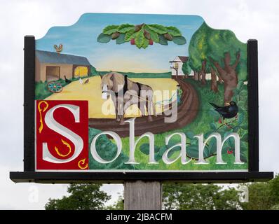 Willkommen bei Soham sign, Soham, East Cambridgeshire, Cambridgeshire, England, VEREINIGTES KÖNIGREICH Stockfoto
