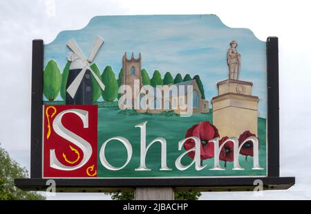 Willkommen bei Soham sign, Soham, East Cambridgeshire, Cambridgeshire, England, VEREINIGTES KÖNIGREICH Stockfoto