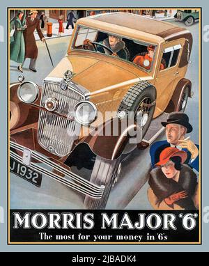 MORRIS 1930s British Motorcar Vintage 1932 Presse Werbung Plakat für den Britischen Morris Major 6 zweitürig 'das Beste für Ihr Geld im Jahr 6s '1932 Vintage Car Poster Morris Major 6 'das Beste für Ihr Geld im Jahr 6s' britisch gemachtes Morris 2-türig Coupé-Motocar. Stockfoto