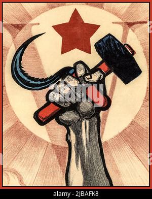 HAMMER & SICHEL Vintage 1920s Propaganda politisches sowjetisches Plakat zum 5.. Jahrestag der Oktoberrevolution und des IV. Kongresses der Kommunistischen Internationale. Sowjetunion UdSSR Russland Datum 1922 Stockfoto