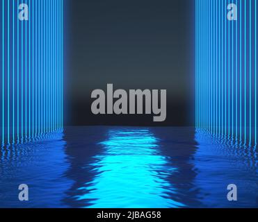 Korridor aus blauen Neonlinien über dem Wasser. 3D Rendern Stockfoto
