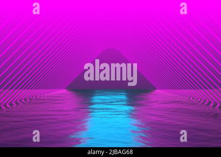 Korridor aus violetten Neonlinien über dem Wasser. 3D Rendern Stockfoto