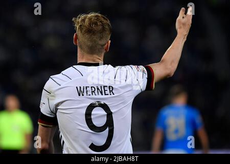 Bologna, Italien. 04.. Juni 2022. Timo Werner von Deutschland reagiert während des Fußballspiels der UEFA Nations League-Gruppe 3 zwischen Italien und Deutschland im Renato Dall'Ara-Stadion in Bologna (Italien) am 4.. Juni 2022. Foto Andrea Staccioli/Insidefoto Kredit: Insidefoto srl/Alamy Live News Stockfoto