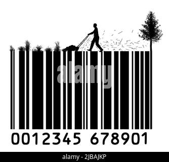 Ein Mann mäht Gras von der Oberseite eines Barcodes, der die hohen Kosten und steigenden Kosten der Rasenpflege in einer 3-d-Abbildung darstellt. Stockfoto