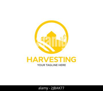 Kombinieren Sie Harvester Landwirtschaft Maschine Ernte golden reifen Weizen Feld Logo-Design. Kombinieren Sie Harvester Landmaschinen Vektor-Design. Stock Vektor