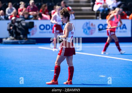 LONDON, GROSSBRITANNIEN. Juni 04, 2022. Anna Toman aus England in Vorbereitung während der FIH Hockey Pro League - England gegen Niederlande (Frauen) im Lea Valley Hockey and Tennis Center am Samstag, 04. Juni 2022 in LONDON ENGLAND. Kredit: Taka G Wu/Alamy Live Nachrichten Stockfoto