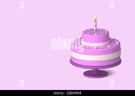 Süßer Kuchen mit violettem Glasur und Kerze auf rosa Hintergrund Stockfoto