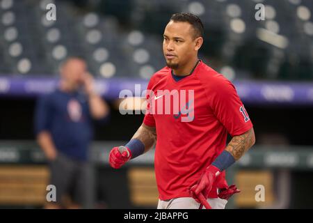 Denver CO, USA. 3.. Juni 2022. Atlanta zweiter Baseman Orlando Arcia (11) während des Vorspiels mit Atlanta Braves und Colorado Rockies im Coors Field in Denver Co. David Seelig/Cal Sport Medi. Kredit: csm/Alamy Live Nachrichten Stockfoto