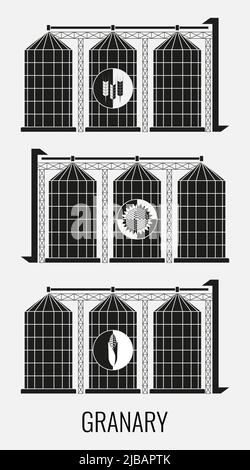 Kreative Illustration eines landwirtschaftlichen Lagers für einen Getreideaufzug isoliert auf einem transparenten Hintergrund. Abstraktes Konzept von Weizen, Mais und Sonnenmilch Stock Vektor