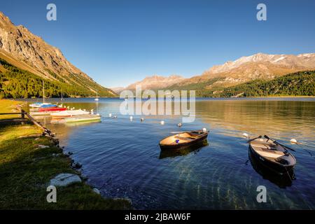 Im September geht die Sonne im herrlichen Plaun da Lej unter, einer berühmten Schweizer Bucht am Silbersee im oberen Engadintal (Grisons, Schweiz). Stockfoto