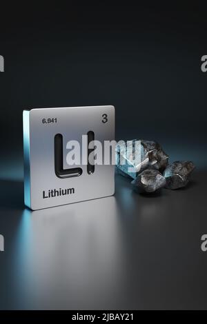 Symbol für Lithium-Elemente aus dem Periodensystem in der Nähe von metallischem Lithium. 3D Abbildung. Stockfoto