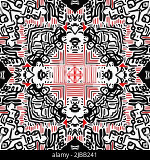 Rot-schwarzes, nahtlos Arabeske Mosaik-Bandana-Muster. Moderner maskuliner Halstuch mit geometrischem Schals-Druck, abstrakter Grafikmode und Tapetenkunst Stockfoto