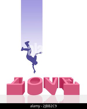 In dieser 3-d-Illustration wird ein Mann oder ein Junge auf das Wort Liebe herabfallen sehen. Stockfoto